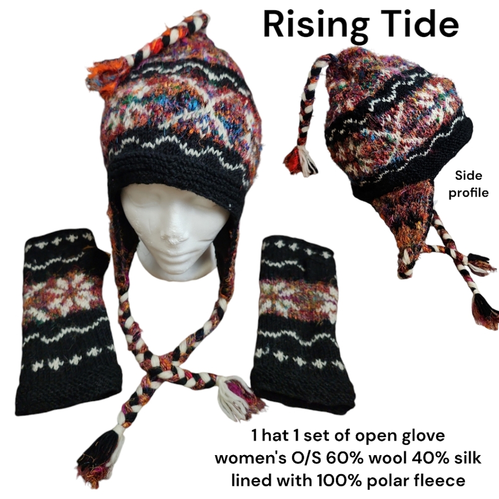 Rising Tide women wool silk polar fleece lined ski toque tassel open gloves set